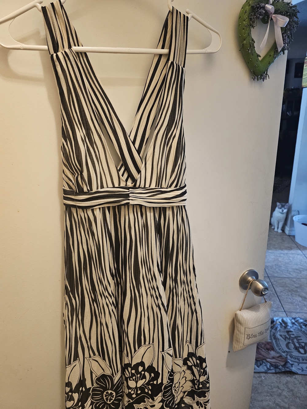 Alice + Olivia Black and White V-Neck Striped Floral Midi Dress